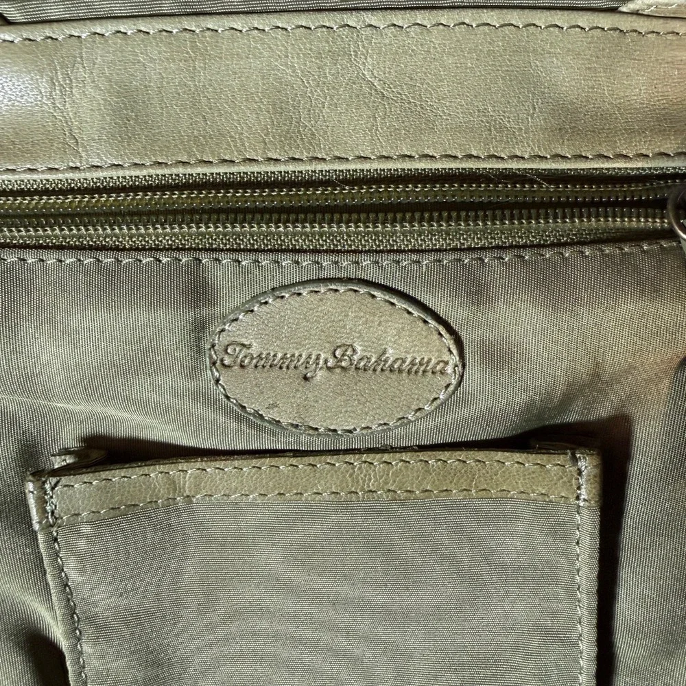 Tommy‎ Bahama Leather Backpack Olive Tan Braided Handle Small Travel Bag